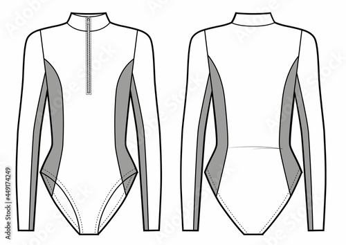 Wetsuit, sport style. Bodysuit with zipper on front. Swimsuit surfing.