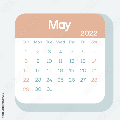 May 2022 calendar planner in pastel color, week starts on Sunday, template, mock up calendar leaf - Illustration. Vector graphic page