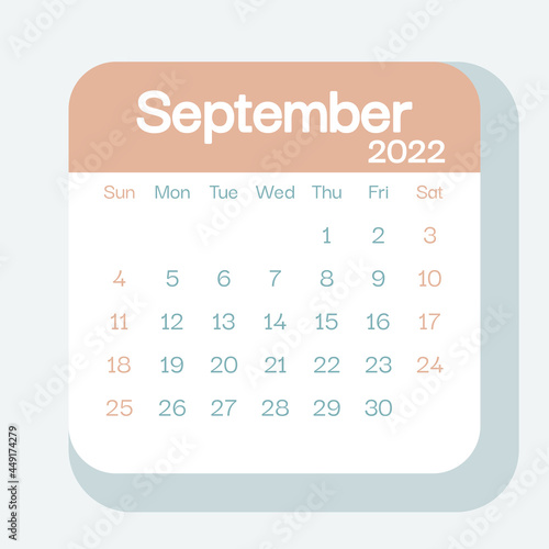 September 2022 calendar planner in pastel color, week starts on Sunday, template, mock up calendar leaf - Illustration. Vector graphic page