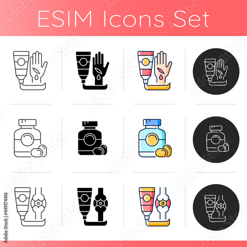 Pharmaceutical drugs icons set. Preventing wound infection. Soft gelatin capsules. Ointment for arthritis. Fast healing. Relieve pain. Linear, black and RGB color styles. Isolated vector illustrations