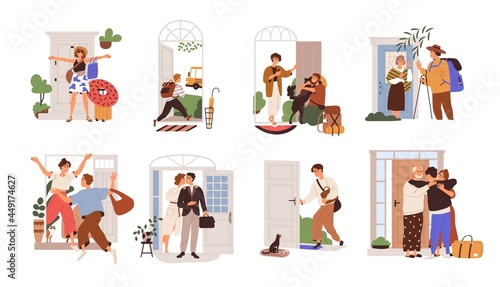 Set of happy people leaving or returning home. Man, woman and kid going out of open door with bags for holiday, studying, to work or school. Flat vector illustration isolated on white background