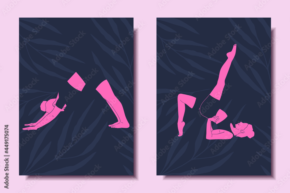 Yoga concept. Set of posters with girls doing yoga. Vector illustration.