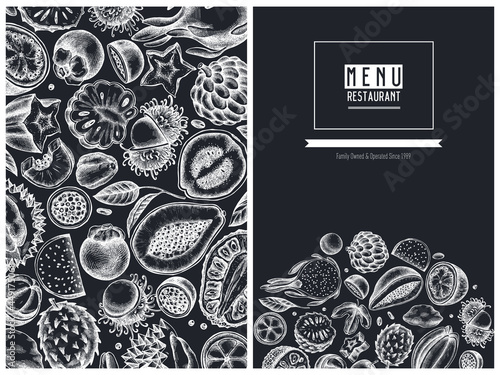 Menu cover design with chalk papaya, guava, passion fruit, starfruit, durian, rambutan, pitaya, jackfruit, sugar-apple, soursop, mangosteen