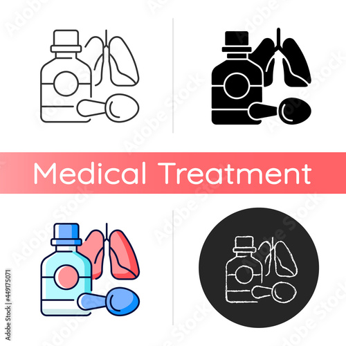 Cough syrup icon. Cold medicine. Soothing irritated throat. Coughing suppressant. Bronchitis treatment. Blocking cough reflex. Linear black and RGB color styles. Isolated vector illustrations