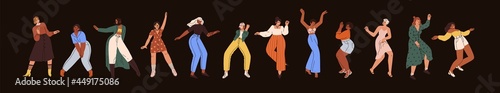 Set of diverse happy women dancing from fun and joy. Smiling young people moving to music at disco party. Collection of modern stylish female dancers in motion. Isolated flat vector illustrations