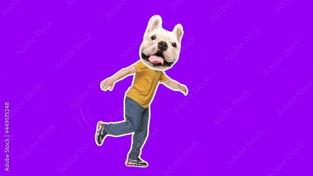 4K Minimal animation motion design. Funny dog face on dancing hip-hop man. Pop and dance mood. Young happy male in stop motion, 2D, modern, conceptual, contemporary pop art collage. Party concept