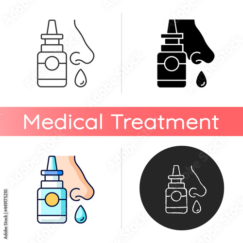 Nasal spray icon. Relieve nasal discomfort. Cold relief. Treat sinus congestion. Anti-inflammatory medicine. Reduce allergy symptoms. Linear black and RGB color styles. Isolated vector illustrations