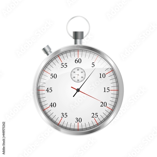 Silver stopwatch on a white background. Timer. Realistic style. Stock Vector illustration. Clock. Alarm. Time. Distance race. Sport. Arrow. Vintage subject. Background. Beautiful design. Isolated.