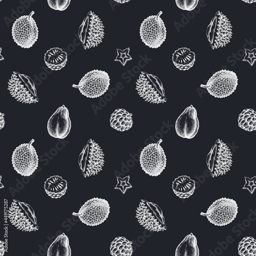 Seamless pattern with hand drawn chalk papaya, starfruit, durian, jackfruit, sugar-apple, soursop