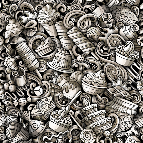 Cartoon doodles Desserts seamless pattern.