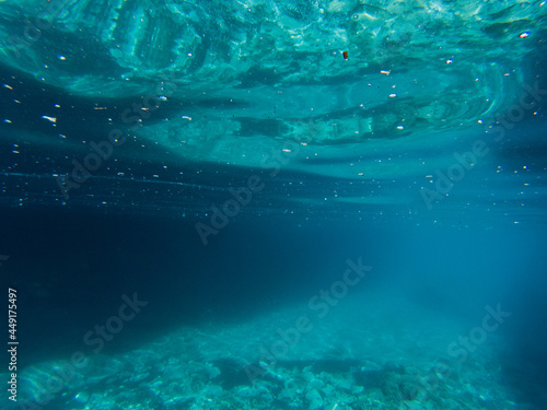 blue colored clear underwater surface texture with ripples splashes and bubbles