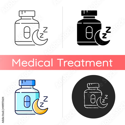 Pills for insomnia icon. Sleeping medication. Handling sleepwalking, night terrors. Treating sleeplessness. Improve sleep-wake cycle. Linear black and RGB color styles. Isolated vector illustrations