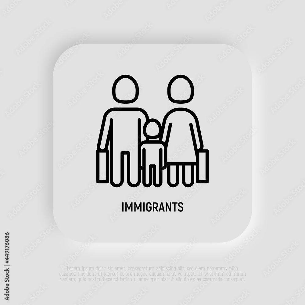 Migrants thin line icon, family with child and suitcases. Modern vector illustration. Migrants thin line icon, family with child and suitcases. Modern vector illustration.