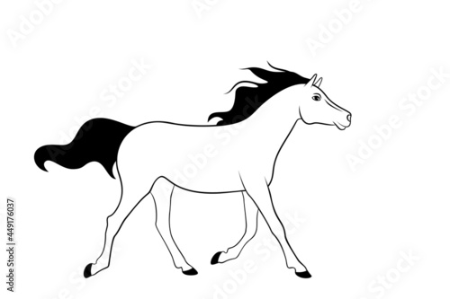 Cute running horse is on a white background. Illustration for coloring book.