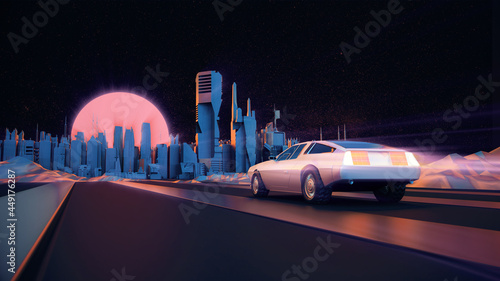 RETRO CITY SKYLINE WITH CAR: Neon glowing sun, car and starry sky | Synthwave / Retrowave / Vaporwave Background | 3D Illustration