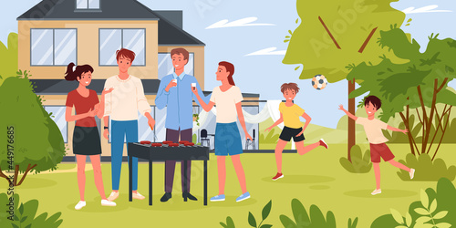 Cartoon group of happy characters cooking grill food, meat sausages, friends children playing ball together background. Family people on bbq party in backyard garden or summer park vector illustration