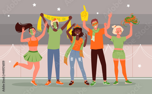 Cartoon young happy woman man fan characters supporting national team with flags and painted face background. Soccer or football people fans celebrate goal in sport stadium vector illustration