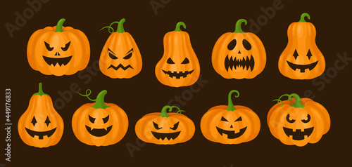 Cartoon monster orange pumpkins, jack lantern for Halloween party greeting card, spooky creepy facial smiles on carved squash isolated. Pumpkin Helloween scary faces set vector illustration