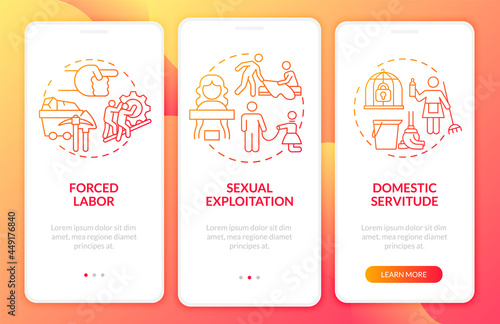 Human trading forms onboarding mobile app page screen. Bondage and slavery walkthrough 3 steps graphic instructions with concepts. UI, UX, GUI vector template with linear color illustrations