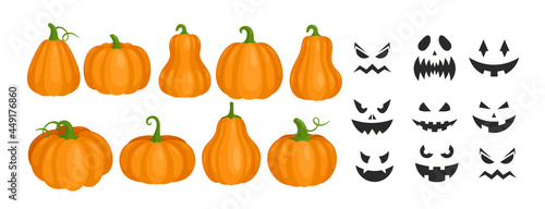 Halloween pumpkins and smiling scary ghost faces with creepy teeth vector illustration. Cartoon orange pumpkin jack lantern, angry carved black faces for autumn helloween party isolated on white photo