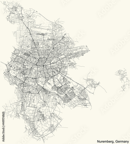 Black simple detailed street roads map on vintage beige background of Nuremberg, Germany