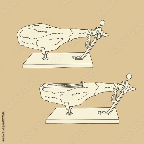 Set of hand drawn vector illustration Spanish dry-cured ham jamon cut off and whole on horizontal wooden stand. Vintage style clipart for menu branding logo design landing page