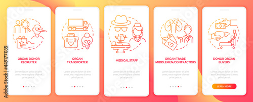 Organ smuggling participants onboarding mobile app page screen. Smuggling system walkthrough 5 steps graphic instructions with concepts. UI, UX, GUI vector template with linear color illustrations