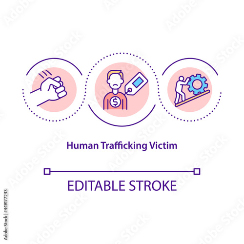 Human trafficking victim concept icon. Illegal human labor exploitation abstract idea thin line illustration. Women and children trade. Vector isolated outline color drawing. Editable stroke