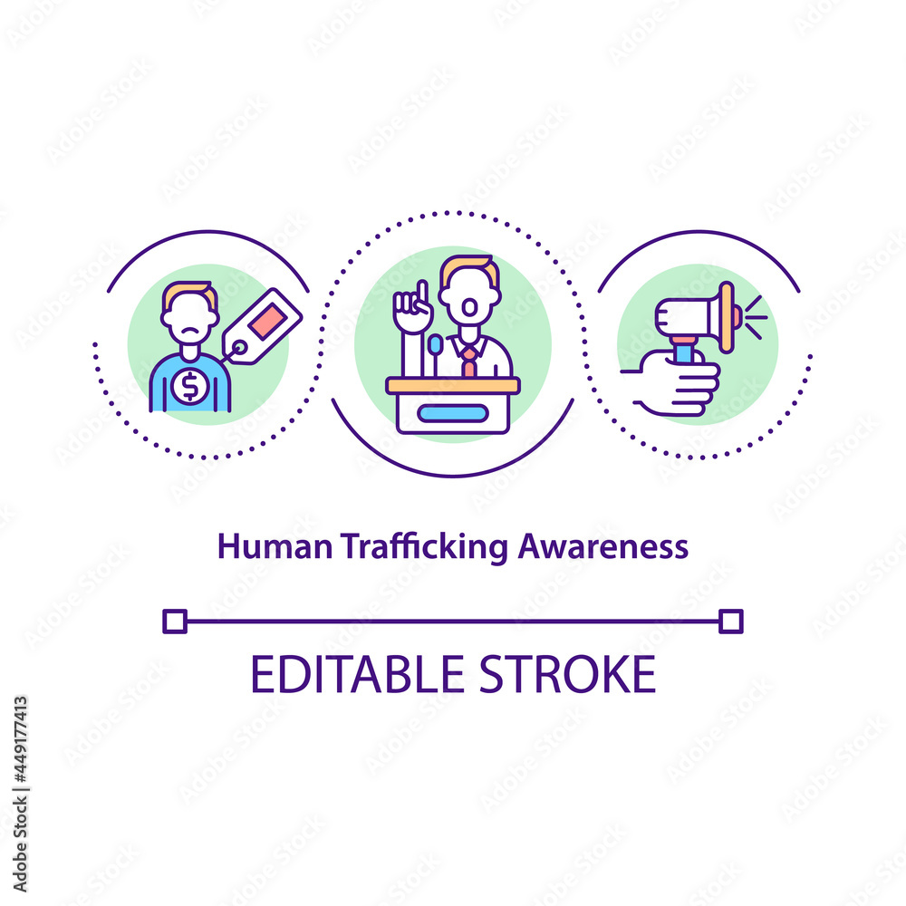 Human trafficking awareness concept icon. Prevent kidnapping and human trade abstract idea thin line illustration. Educate people about slavery. Vector isolated outline color drawing. Editable stroke Human trafficking awareness concept icon. Prevent kidnapping and human trade abstract idea thin line illustration. Educate people about slavery. Vector isolated outline color drawing. Editable stroke