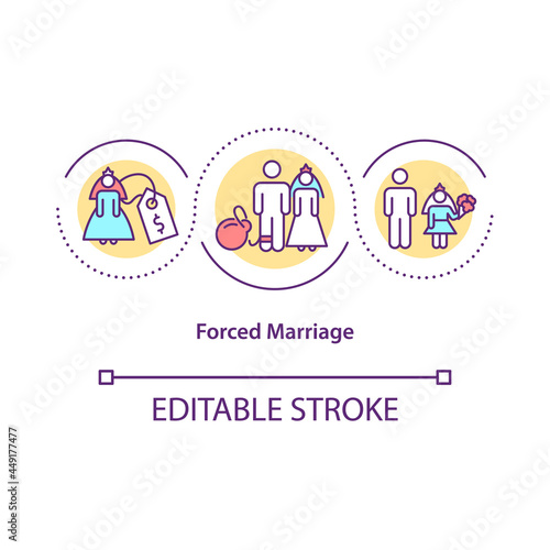 Forced marriage concept icon. Marriage against will or without consent abstract idea thin line illustration. Child marriage related to religion. Vector isolated outline color drawing. Editable stroke