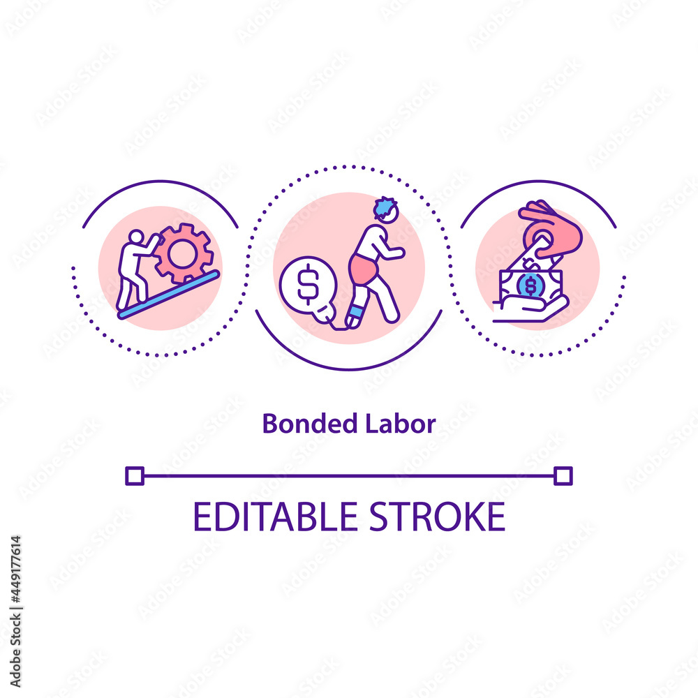Bonded labor concept icon. Person exploitation against will abstract idea thin line illustration. Labour for repayment for loan. Peonage. Vector isolated outline color drawing. Editable stroke Bonded labor concept icon. Person exploitation against will abstract idea thin line illustration. Labour for repayment for loan. Peonage. Vector isolated outline color drawing. Editable stroke