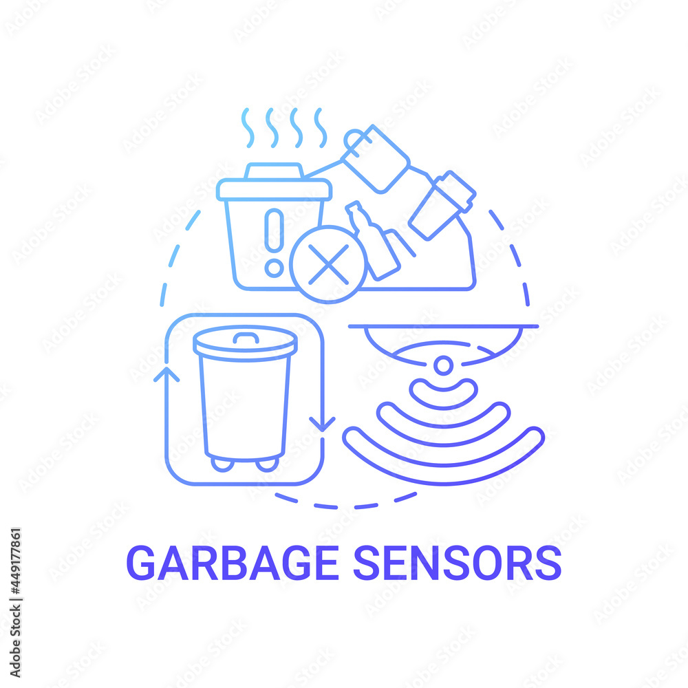 Garbage sensors gradient blue concept icon. Smart recycling of trash abstract idea thin line illustration. Ecological technology for waste control. Vector isolated outline color drawing. Garbage sensors gradient blue concept icon. Smart recycling of trash abstract idea thin line illustration. Ecological technology for waste control. Vector isolated outline color drawing.