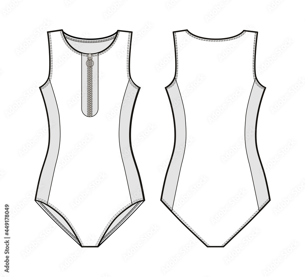 Fashion technical drawing of wetsuit. Fashion flat sketch of swimsuit ...