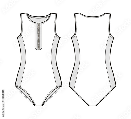 Fashion technical drawing of wetsuit. Fashion flat sketch of swimsuit