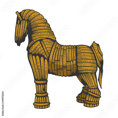 Trojan horse color line art sketch engraving vector illustration. T-shirt apparel print design. Scratch board imitation. Black and white hand drawn image.