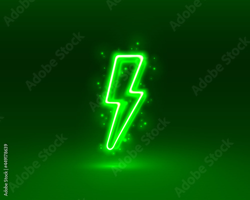 Neon sign of lightning signboard on the green background. Vector