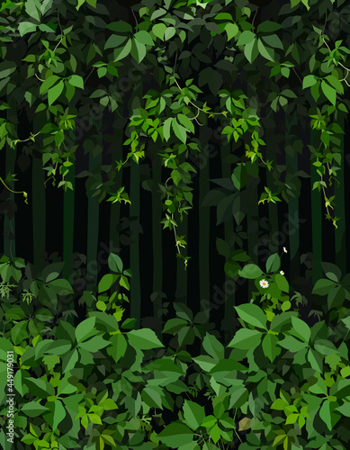 painted green fence background with plants bottom and top