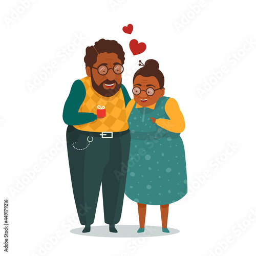An elderly couple in love. A grandfather gives a gift box to a grandmother. Romantic relationships of grandparents. Old people, senior adults. A vector cartoon illustration.