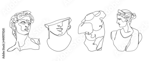 One line ancient greek sculptures. Greece mythology statues hand drawn continuous line, david goddess head torso, minimal fine line tattoo sketches. Vector art set