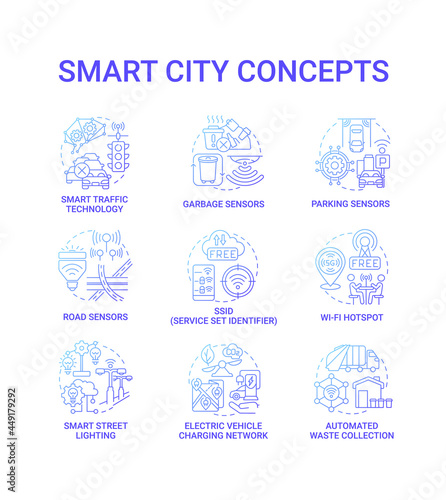 Smart city gradient blue concept icons set. Urban area processes idea thin line color illustrations. Innovative technologies. Quality of city life improvement. Vector isolated outline drawings.