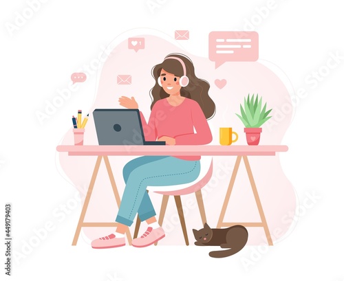 Home office concept, woman working from home, student or freelancer. Cute vector illustration in flat style