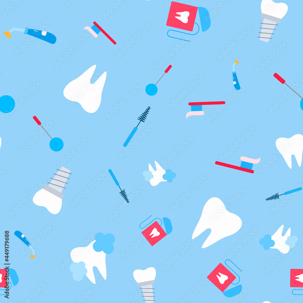Healthy Tooth on a Blue Background Seamless Pattern. Dentistry concept. Healthy Tooth on a Blue Background Seamless Pattern. Dentistry concept.