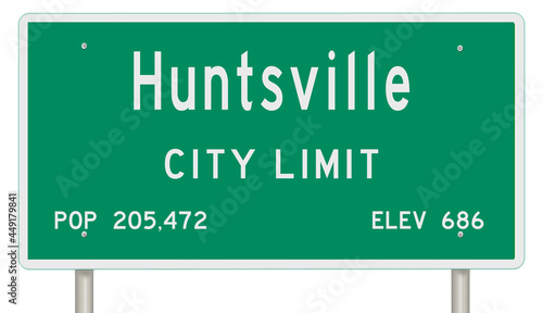 Rendering of a green Alabama highway sign with city information