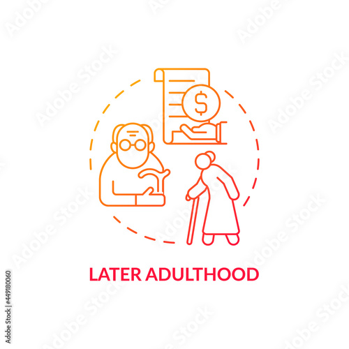 Later adulthood red concept icon. Senior age and pension. Social care and retirement. Meaning and satisfaction in life way abstract idea thin line illustration. Vector isolated outline color drawing.