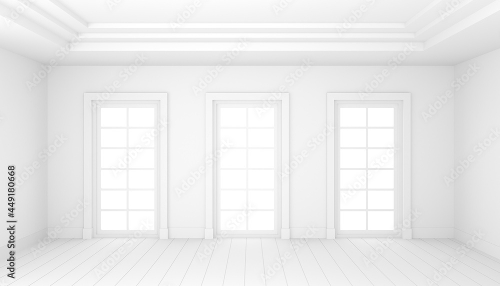 Fototapeta premium Classical empty room interior 3d render,The rooms have white floors , white wall and white ceiling,decorate with white molding,there are three white window .illustration.