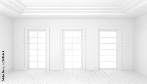 Classical empty room interior 3d render The rooms have white floors   white wall and white ceiling decorate with white molding there are three white window .illustration.