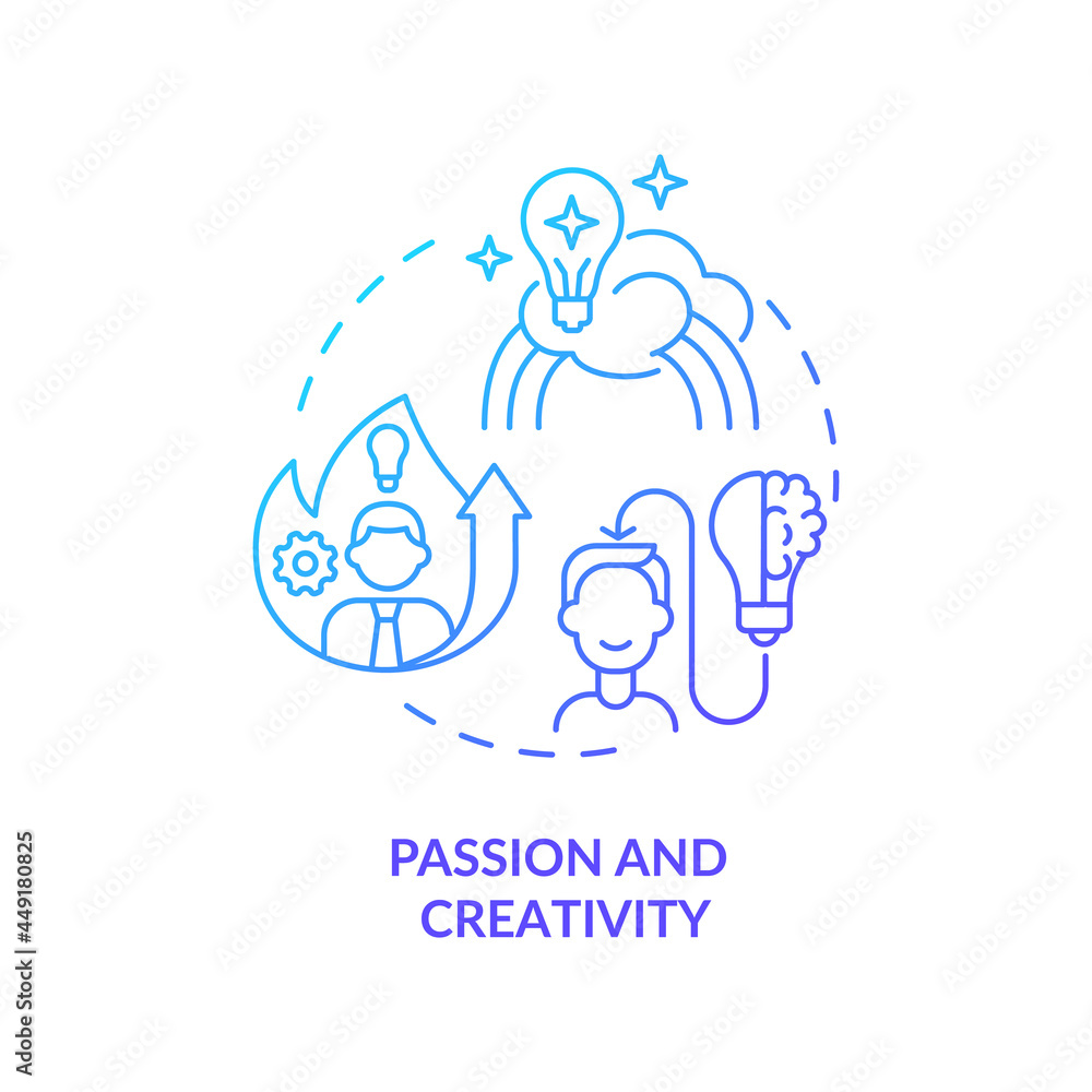Passion and creativity blue gradient concept icon. Self motivation for successful work. Businessman traits. Startup launch abstract idea thin line illustration. Vector isolated outline color drawing Passion and creativity blue gradient concept icon. Self motivation for successful work. Businessman traits. Startup launch abstract idea thin line illustration. Vector isolated outline color drawing
