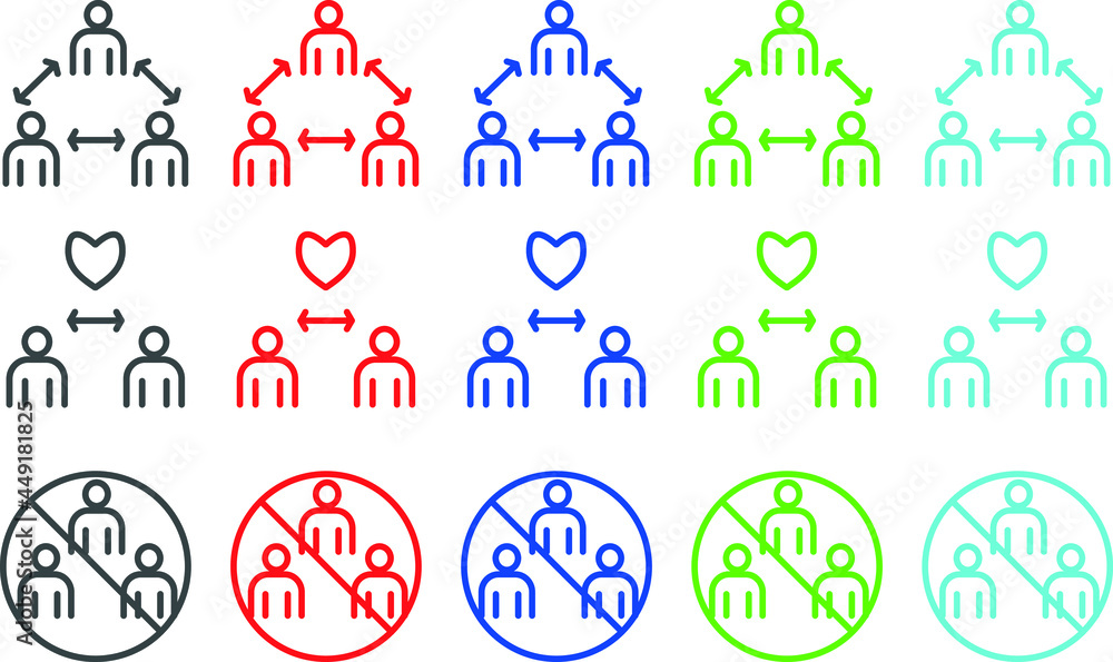 Social distance icons in 5 colors: gray, red, blue, green, cyan. Social distance icons in 5 colors: gray, red, blue, green, cyan.