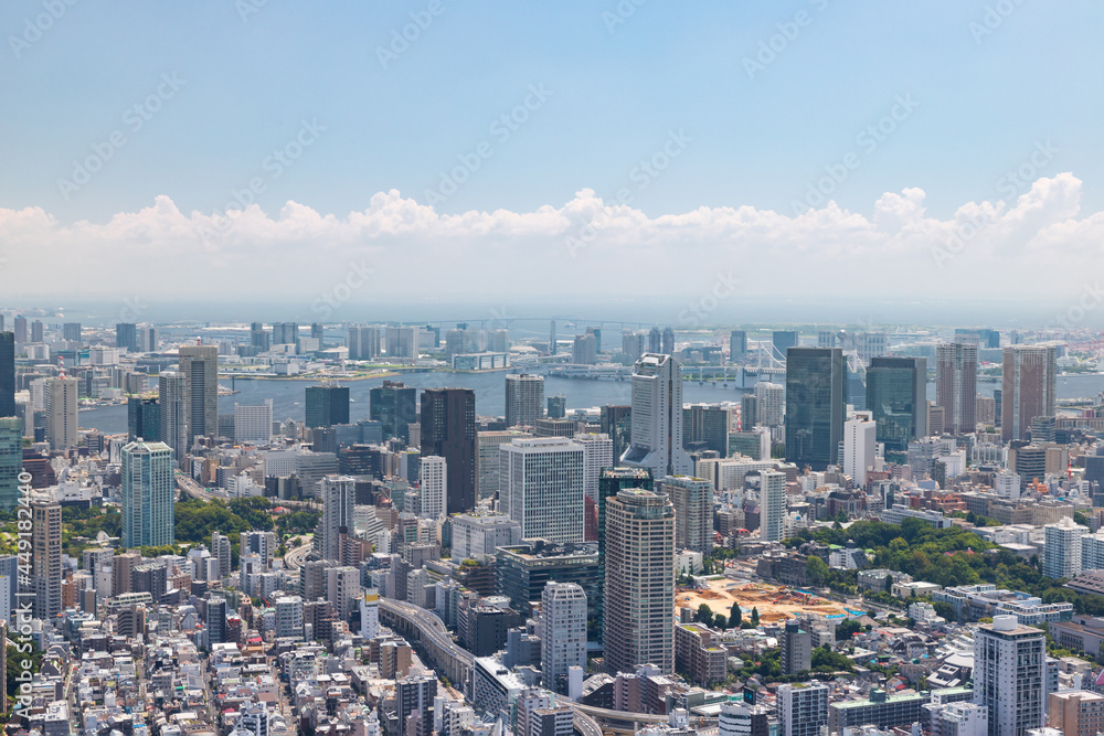青空を背景に六本木から見た豊洲、東京湾方面の景色