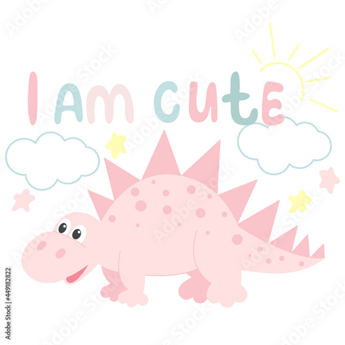 Baby greeting card with dinosaur and hand lettering vector illustration. Inscription I am cute and animal. Banner for nursery or decor